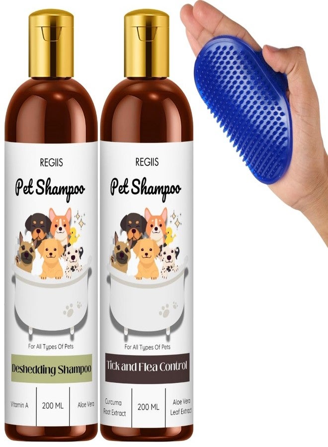 REGIIS Pet Shampoo Set, Deshedding and Tick & Flea Control, 200 ML Each, with Blue Grooming Brush for Dogs, Cats, All Types of Pets(3 Pack) - Image 1